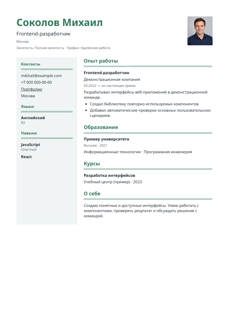 Образец шаблона резюме Портфолио